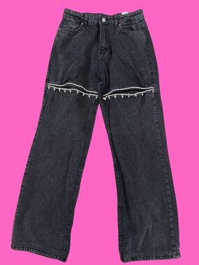 Black Wide-Leg Jeans with Rhinestone Fringe Detail